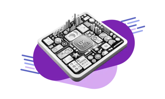 Złożony panel z ikonami i napisem "UX Audit" symbolizuje kompleksową analizę web usability.