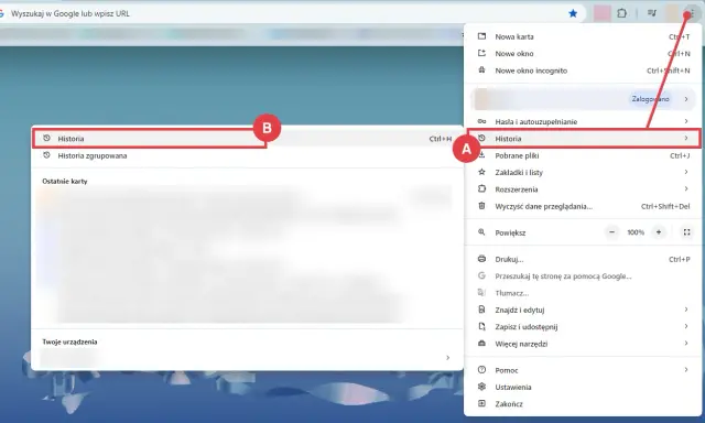 Historia przeglądania, czyli cache, to lista odwiedzonych stron. Kliknij "Historia" (A, B), by ją zobaczyć.