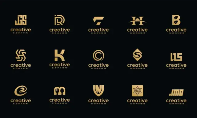 Złote, nowoczesne logo na czarnym tle. Kolekcja zawiera różne projekty, od liter po abstrakcyjne kształty, wszystkie z napisem "creative".