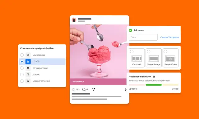 Tworzenie kampanii reklamowej: wybór celu "Traffic", nazwa "Cats", format "Single Image". To klucz do skutecznego marketing doświadczeń.