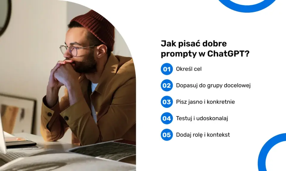 Mężczyzna zamyślony nad ekranem komputera, uczy się tworzyć skuteczne prompty do ChatGPT.