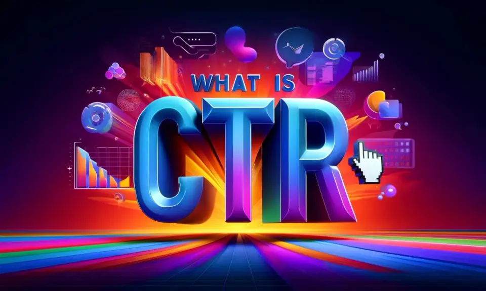 Co to CTR? Wielkie, błyszczące litery CTR na tle wykresów, ikon i kolorowych pasów. Wskaźnik myszy sugeruje kliknięcie.