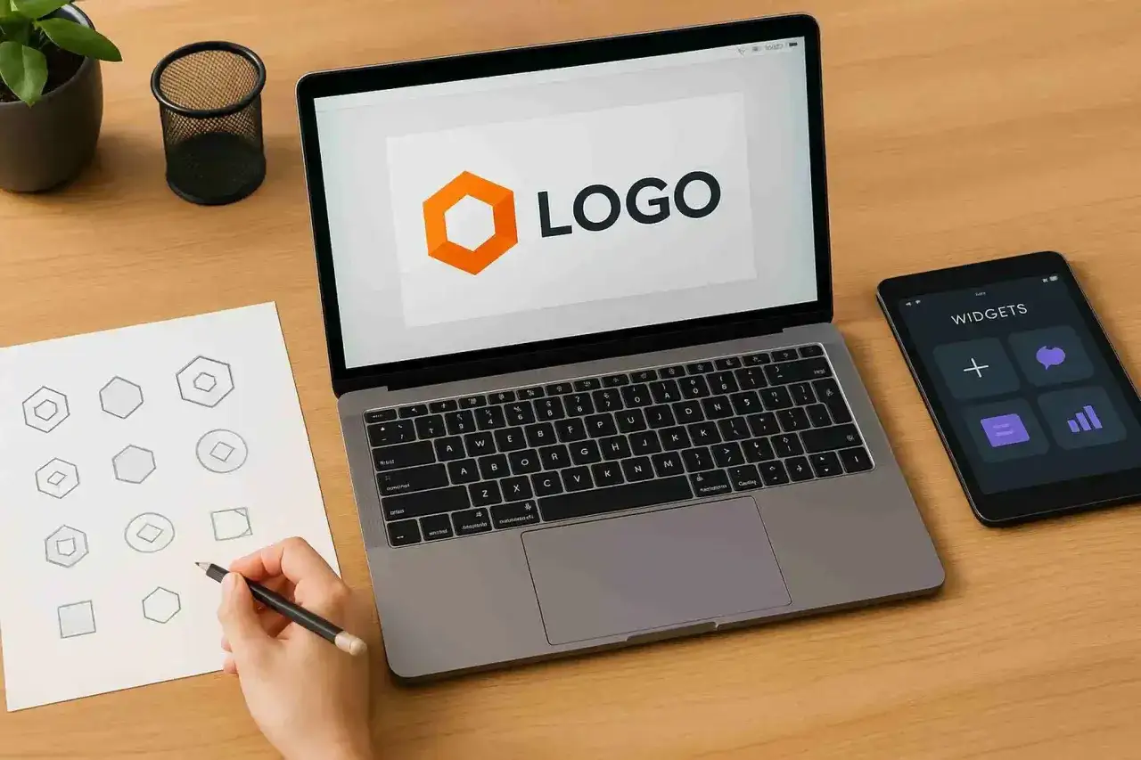 Na ekranie laptopa wyświetla się pomarańczowo-czarne logo. Obok leży tablet z widżetami, a na papierze szkice kształt&oacute;w.