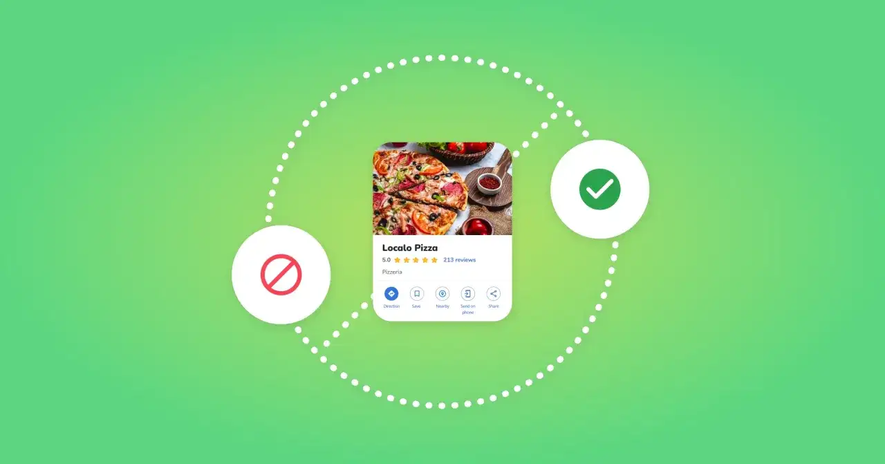 Zawieszona wizyt&oacute;wka Google dla pizzerii Localo Pizza, z ikonami wskazującymi na proces akceptacji lub odrzucenia.