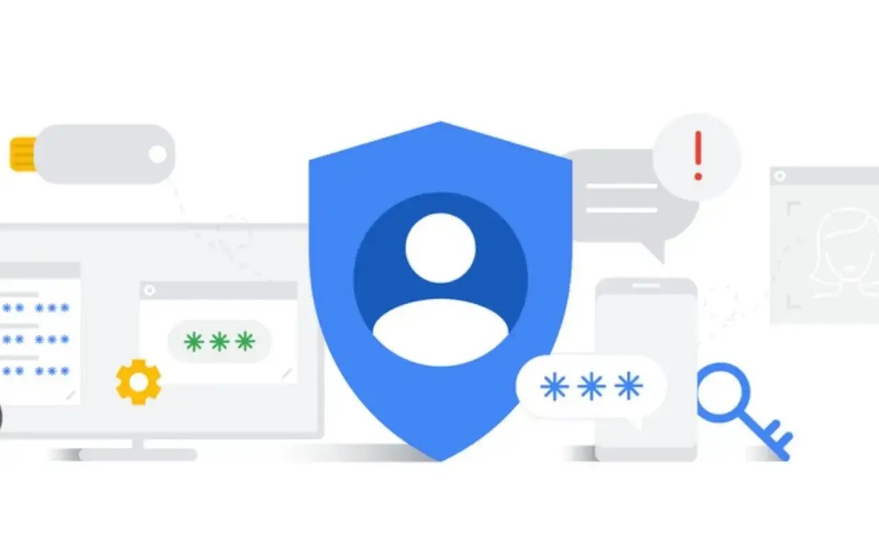 Bezpieczeństwo danych i personalizacja reklam Google. Ikona tarczy z użytkownikiem, hasła, klucz, pendrive, telefon.