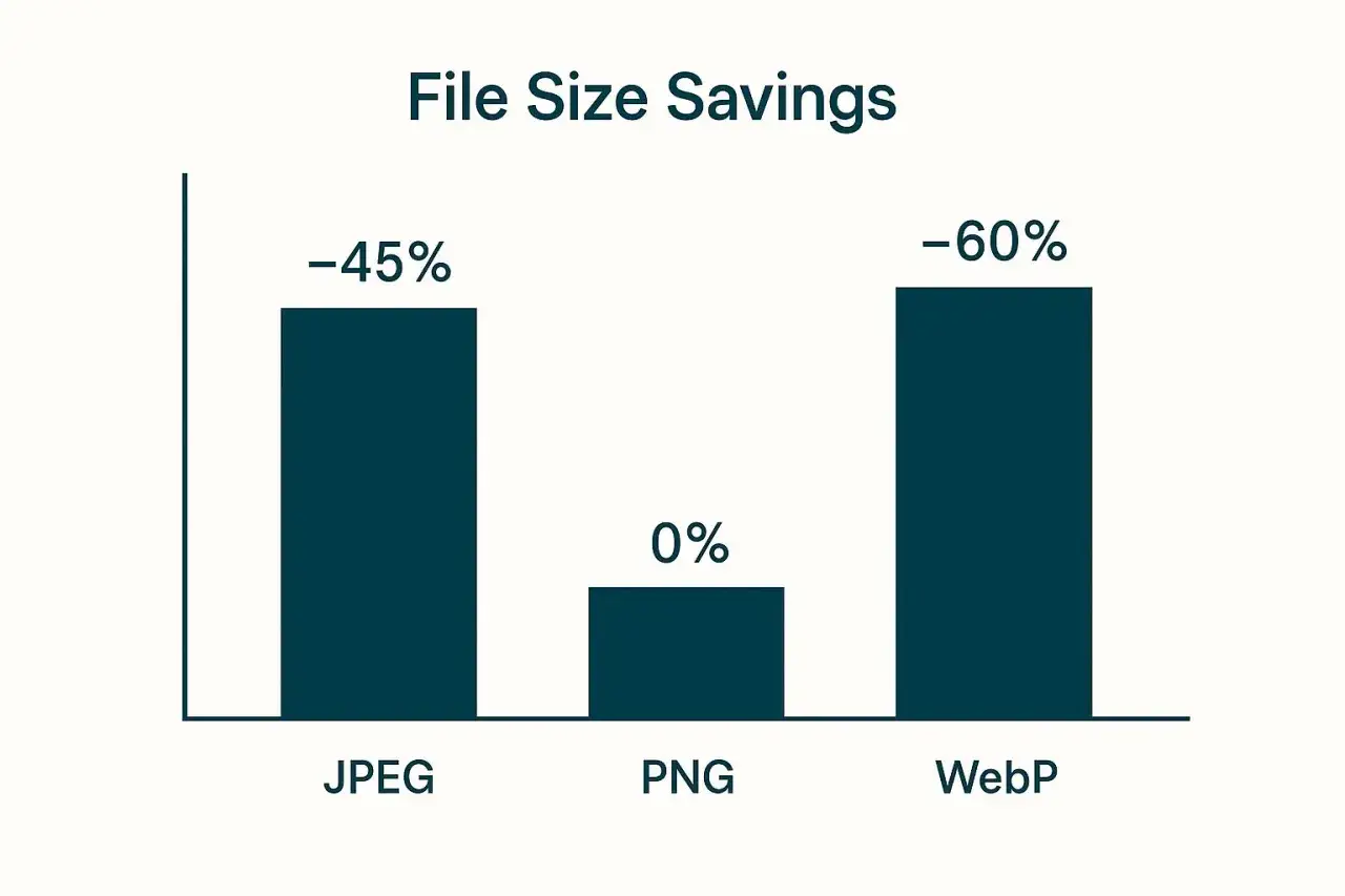 Grafika rastrowa: słupkowy wykres por&oacute;wnujący oszczędność rozmiaru plik&oacute;w. WebP oferuje -60% oszczędności, JPEG -45%, a PNG 0%.