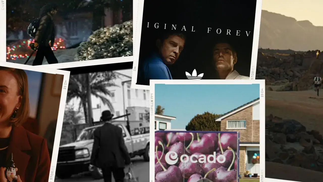 Kolaż reklam: biegnący człowiek w g&oacute;rach, twarze z logo Adidas, ciężar&oacute;wka z wiśniami Cocado, kobieta z ozdobą, mężczyzna w kapeluszu. Znane utwory w reklamach.