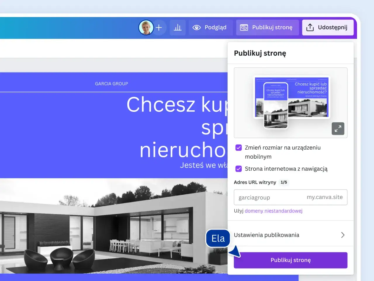 Tworzenie witryny Google dla Garcia Group. Podgląd strony z nieruchomościami i opcje publikacji.