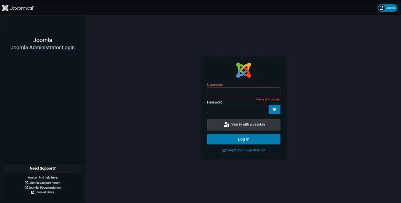 Ekran logowania administratora Joomla. Dowiedz się, joomla co to jest, system zarządzania treścią.