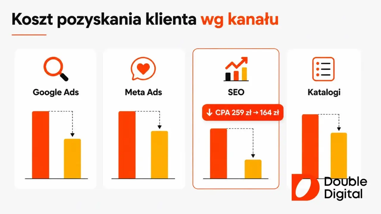 Porównanie kosztów pozyskania klienta: Google Ads, Meta Ads, SEO i Katalogi. SEO oferuje najniższy CPA.