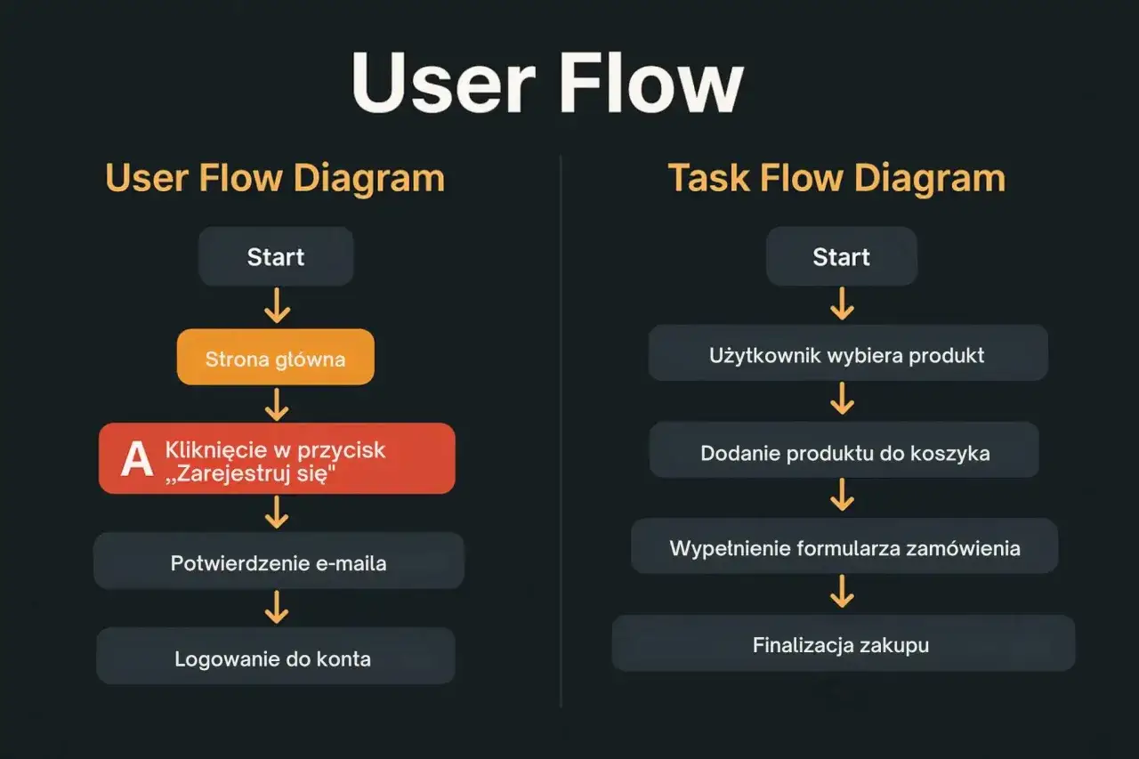 Diagramy User Flow i Task Flow pokazują ścieżki użytkownika w procesie rejestracji i zakupu. Kluczowe dla UX i UI.