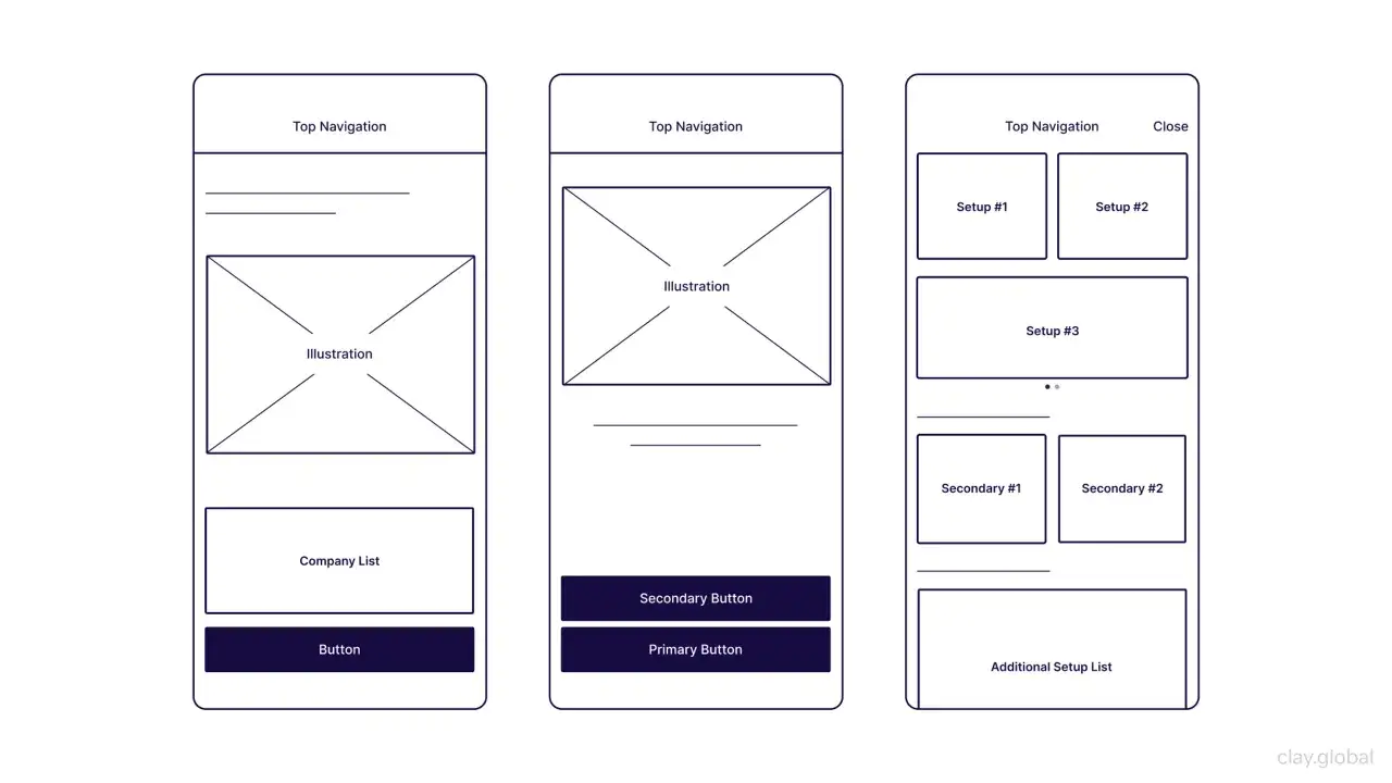 Szkice interfejs&oacute;w mobilnych pokazujące elementy nawigacji, ilustracje i przyciski. To przykłady dobrego ux design.