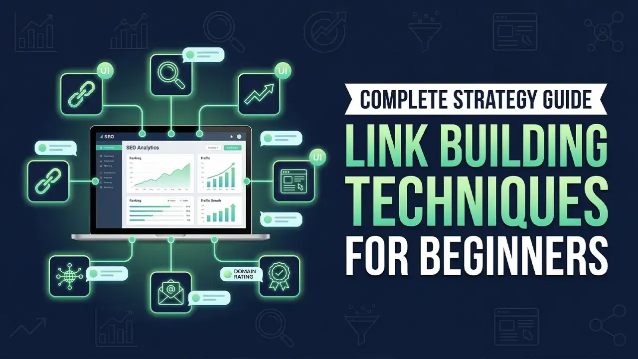 Grafika przedstawia laptop z panelem SEO Analytics, otoczony ikonami symbolizującymi link building i analizę danych.