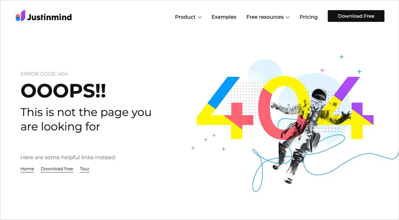 Błąd 404: Oops! Nie znaleziono strony. Astronauta w kosmosie na tle kolorowych cyfr 404.
