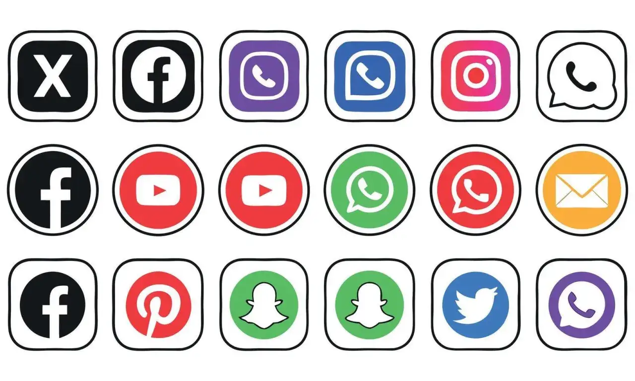 Ikony popularnych platform, kt&oacute;re pokazują, jakie są media społecznościowe: X, Facebook, Instagram, YouTube, WhatsApp, Twitter, Snapchat, Pinterest.