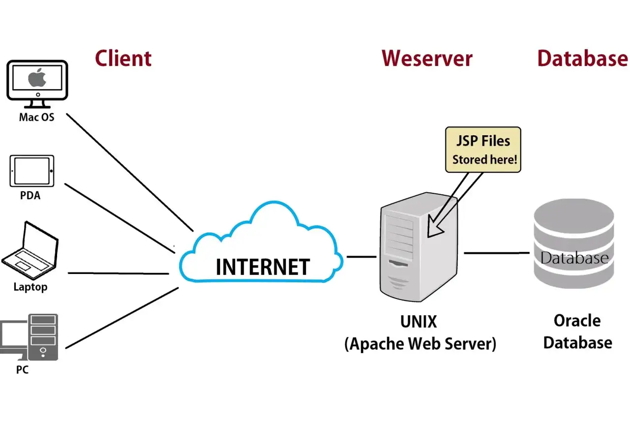 Schemat pokazuje, co to jest strona internetowa: klienci (Mac, PDA, laptop, PC) łączą się przez Internet z serwerem WWW (UNIX), który przechowuje pliki JSP i komunikuje się z bazą danych Oracle.