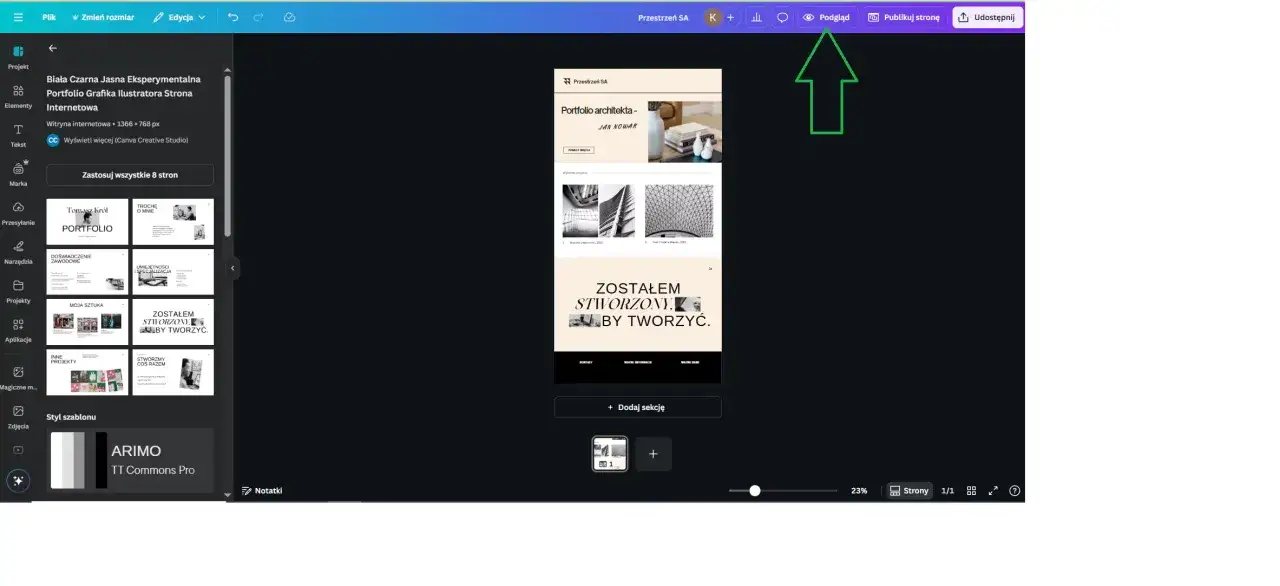 Podgląd strony internetowej stworzonej w Canva. Widoczny jest projekt portfolio architekta z sekcjami: O mnie, Doświadczenie, Umiejętności, Moja sztuka, Inne projekty.