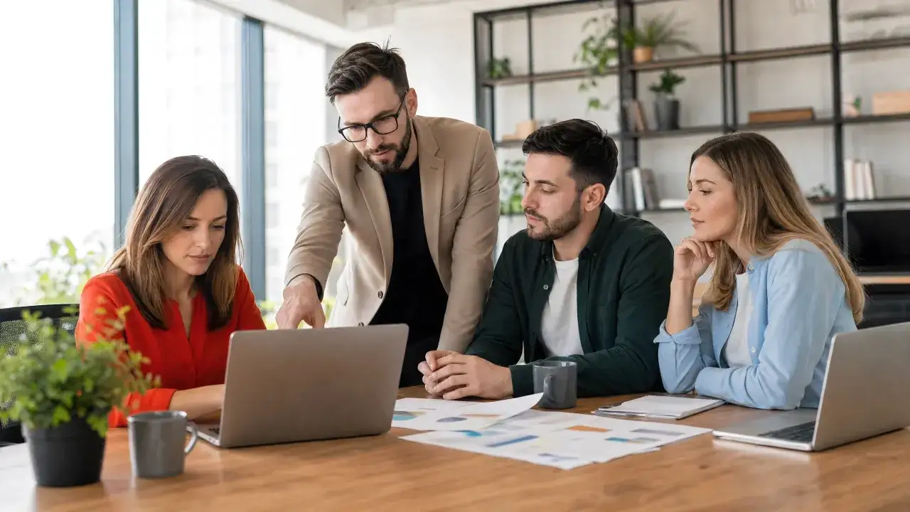 Zespół marketingu omawia zadania przy laptopie. Analizują wykresy i dokumenty, planując kolejne działania.