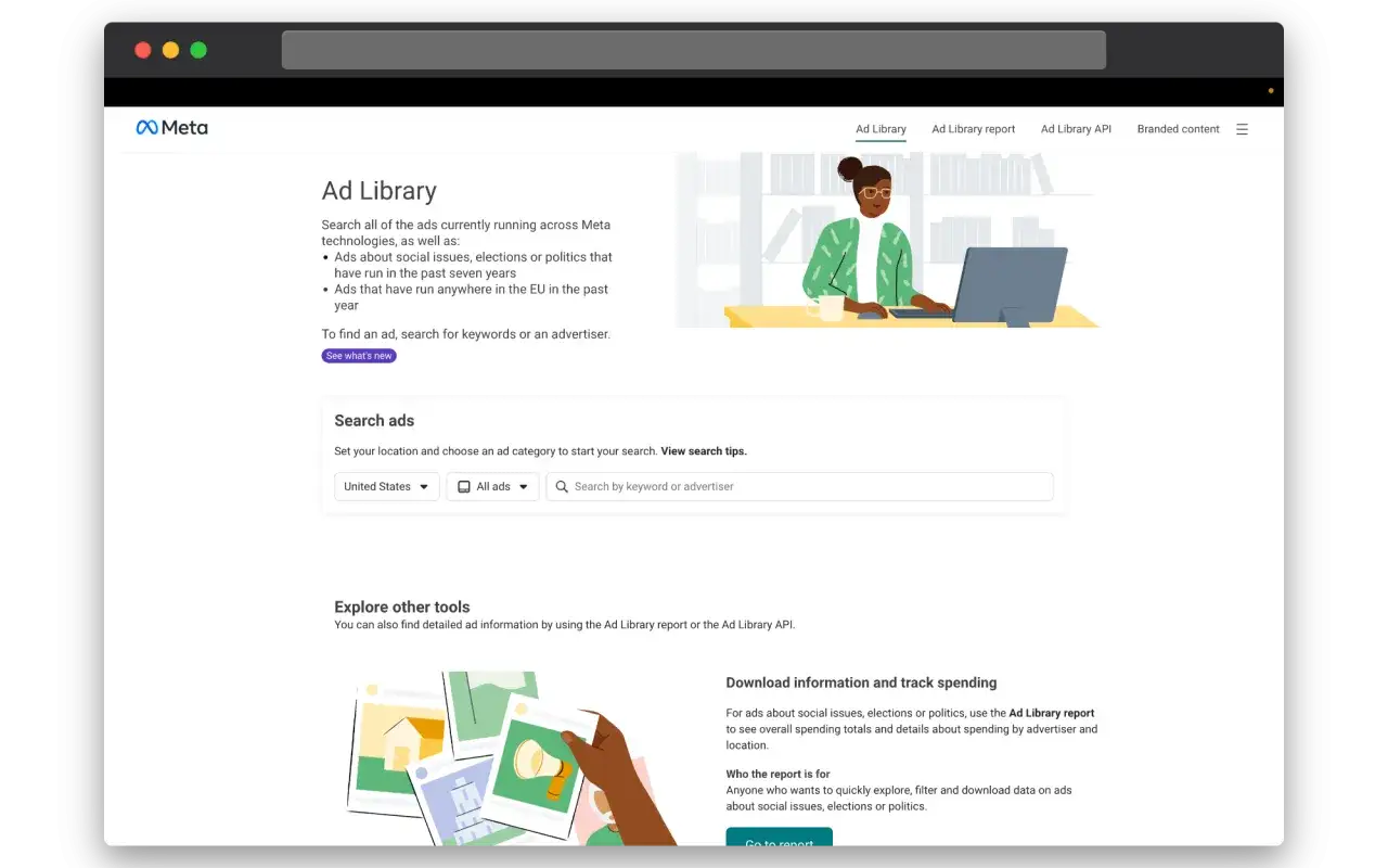 Jak sprawdzić reklamy na Facebooku? Wpisz słowa kluczowe lub nazwę reklamodawcy w Ad Library, aby znaleźć interesujące Cię ogłoszenia.