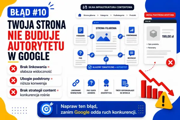 Błąd #10: Twoja strona nie buduje autorytetu w Google. Brak linkowania, ubogie podstrony i brak strategii content to problemy. Paginacja co to? To klucz do budowania autorytetu.