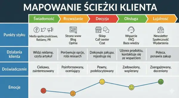 Mapa ścieżki klienta: od świadomości po lojalność, pokazująca punkty styku, działania, doświadczenia i emocje. Kluczowe dla badania potrzeb klienta.