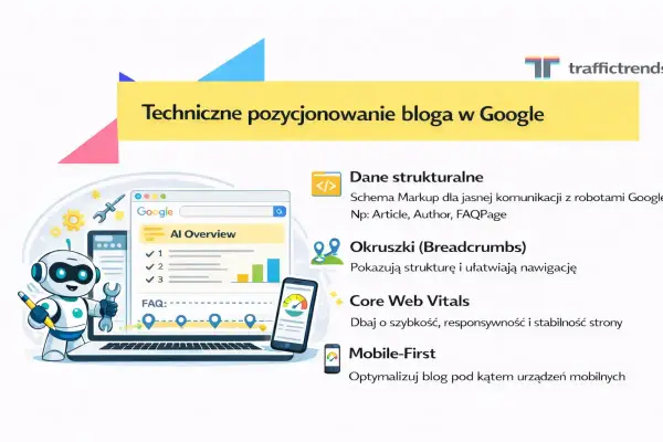 Grafika przedstawia kluczowe elementy technicznego pozycjonowania bloga w Google: dane strukturalne, okruszki, Core Web Vitals i mobile-first.