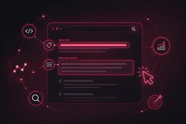 Optymalizacja SEO: pole na meta title, meta description, ikony kodu, tagów, wykresów i wyszukiwania.