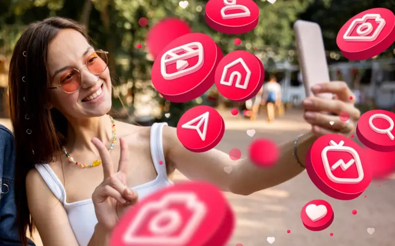 Uśmiechnięta dziewczyna robi selfie, otoczona ikonami mediów społecznościowych. Zastanawia się, followers co to znaczy dla jej popularności.