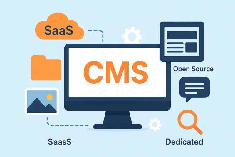 Grafika wyjaśnia, cms co to: systemy SaaS, Open Source i Dedicated. Komputer z napisem CMS w centrum.
